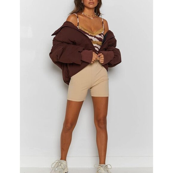 Women's Puffer Jacket Oversized Cropped Puffy Quilted Jackets Coat Chocolate - Picture 7 of 7